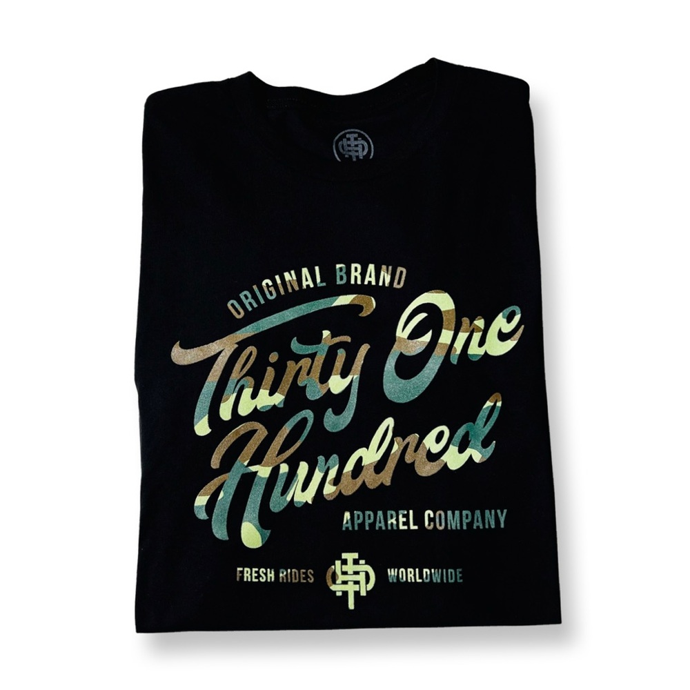 THIRTY ONE HUNDRED APPAREL CO. Camouflage Script Black T Shirt